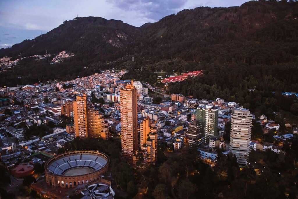 Bogotá skyline and Andes Mountains at dusk