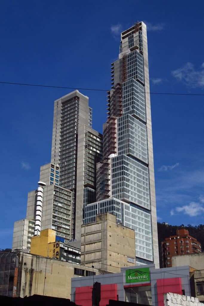 BD Bacatá Tower illuminated at night in Bogotá, Colombia