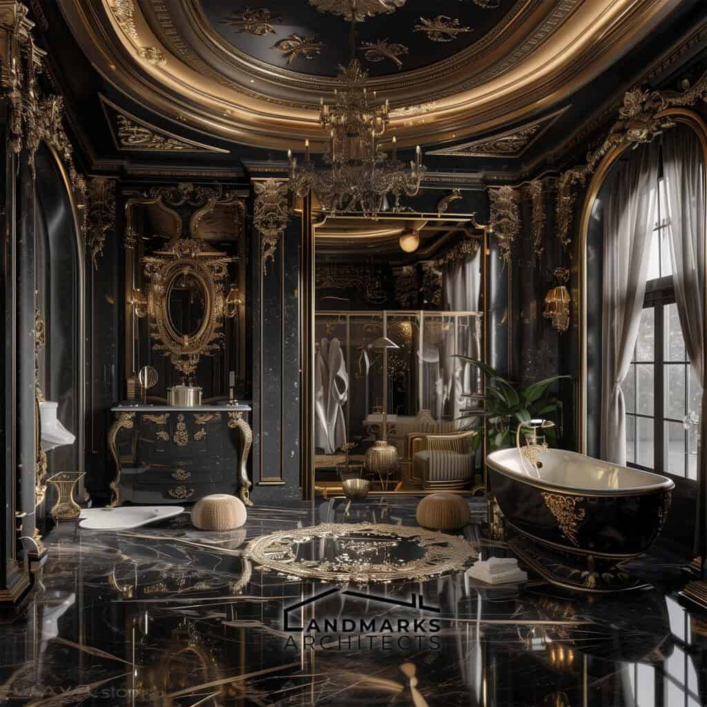 Dramatic and grand AI-enhanced Modern Baroque bathroom design