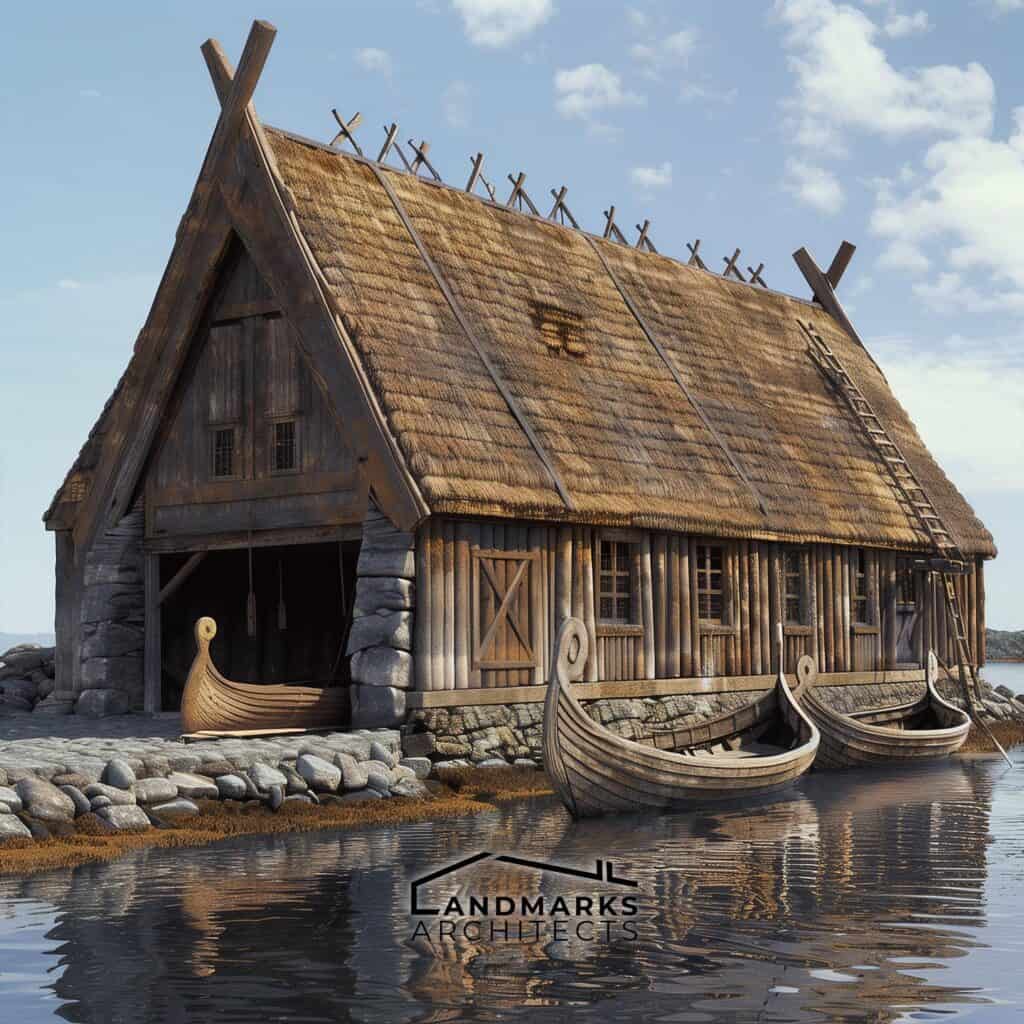 Viking boathouses (nausts), photo AI