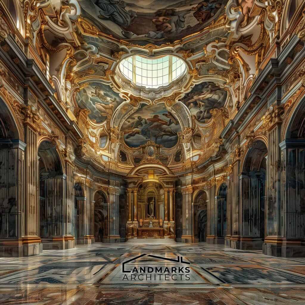 AI-enhanced vibrant colors and textures in modern Baroque architecture