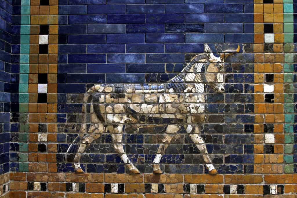 Bull mosaic on the Ishtar Gate at the Pergamonmuseum in Berlin, Germany