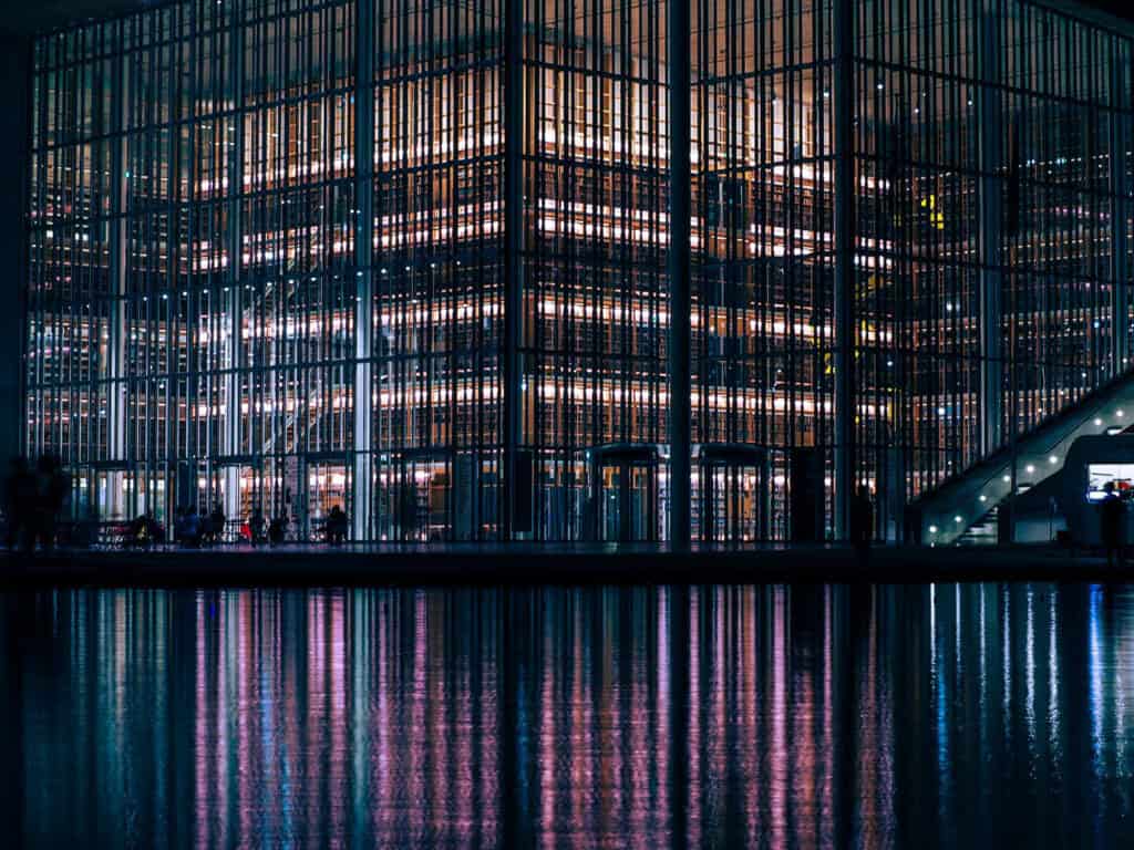 Reflection of Stavros Niarchos Foundation Cultural Center on water