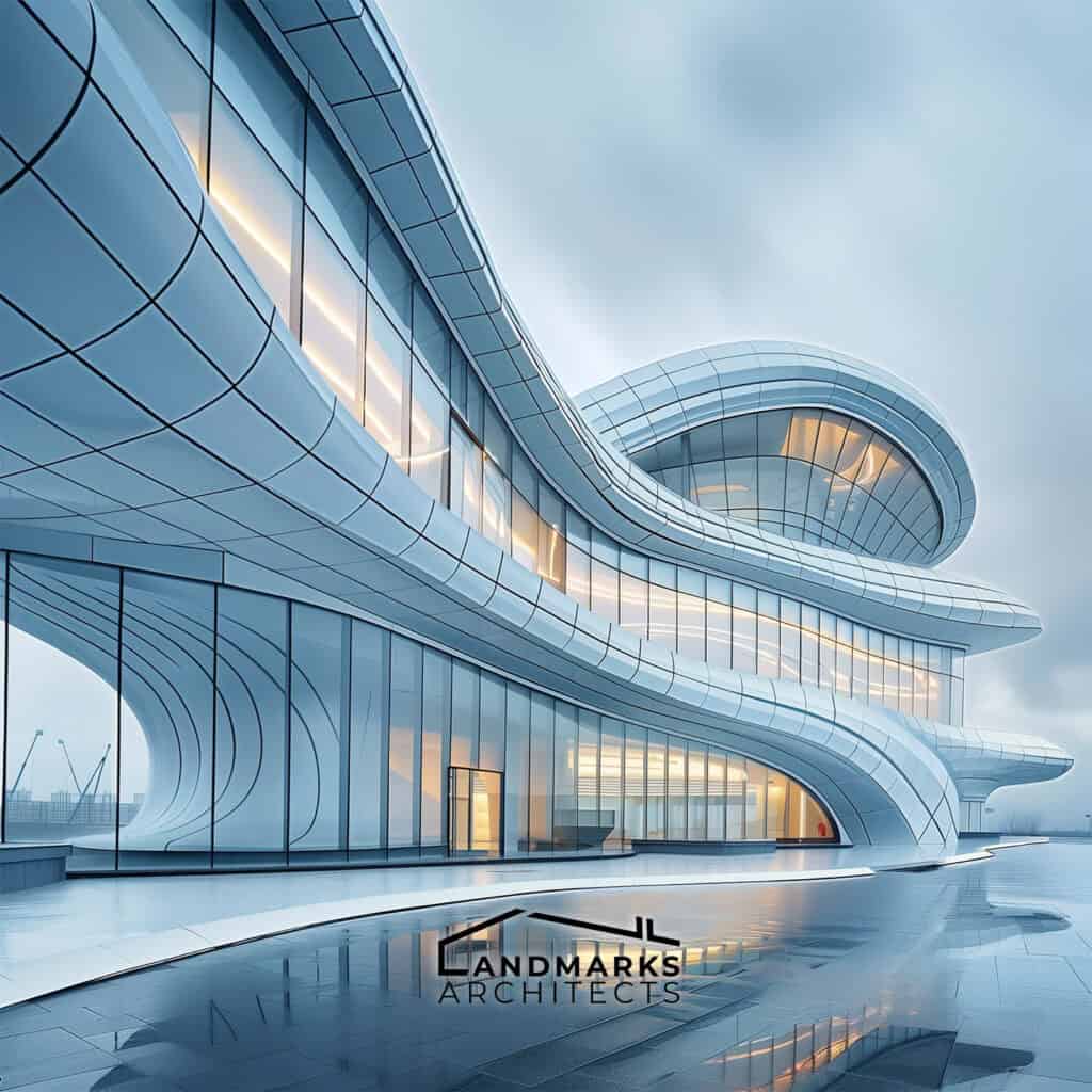 Curvilinear forms in architecture, photo AI