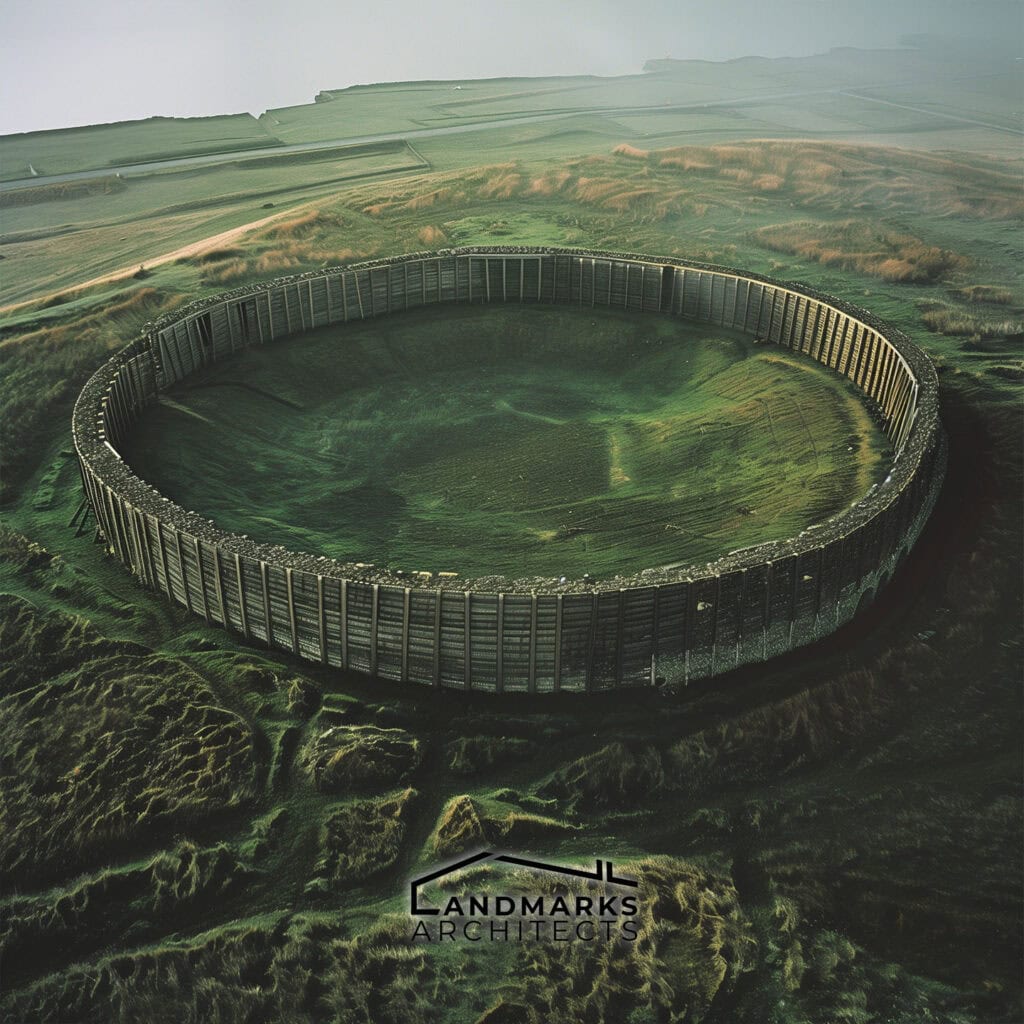 Viking ring fort with earthworks and wooden walls, photo AI