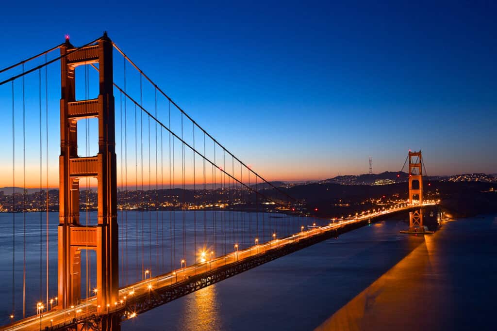 The Golden Gate Bridge, an iconic suspension bridge in San Francisco