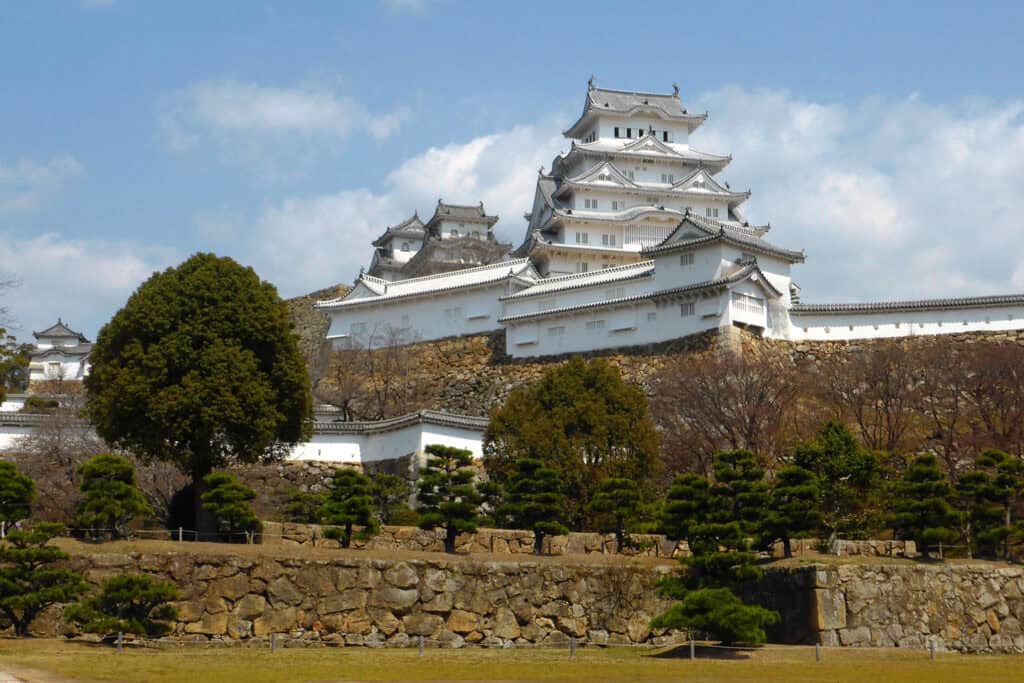 Himeji Castle’s imposing structure against a clear sky