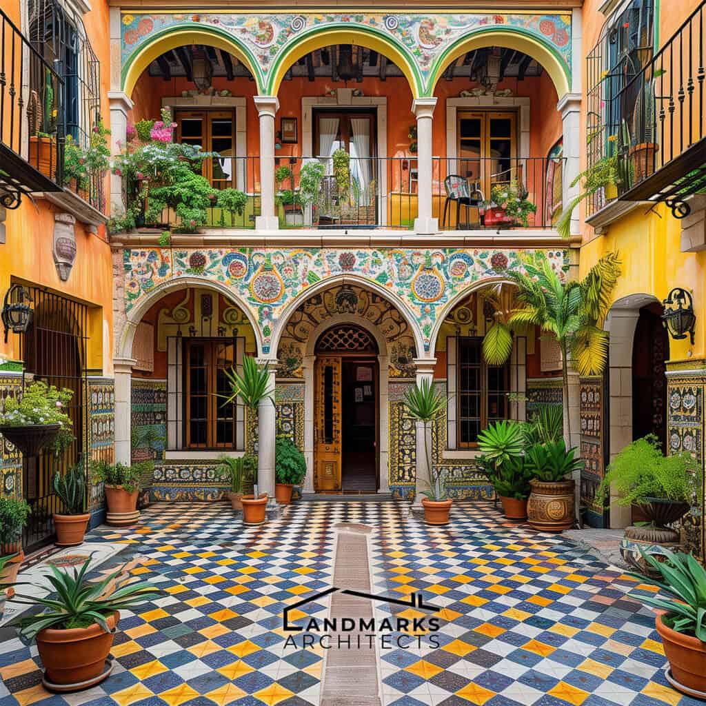 Traditional Mexican courtyard with tiles