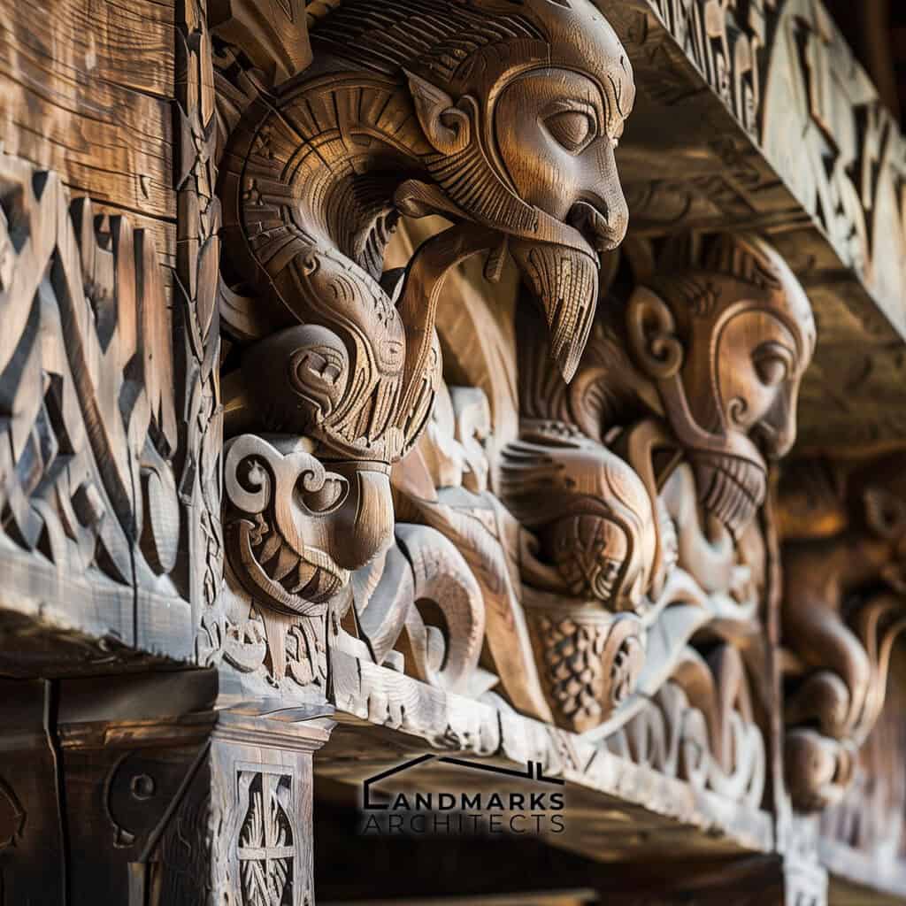 Viking wood carvings on longhouses, photo AI