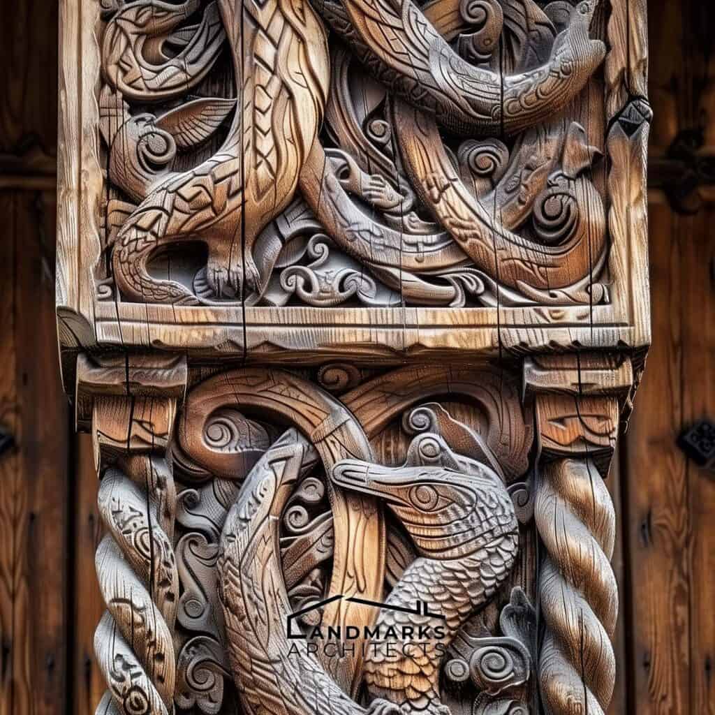 Detailed Viking wood carvings on structures, photo AI