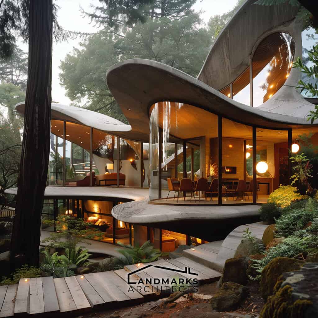 Modern organic architecture inspired by John Lautner, photo AI