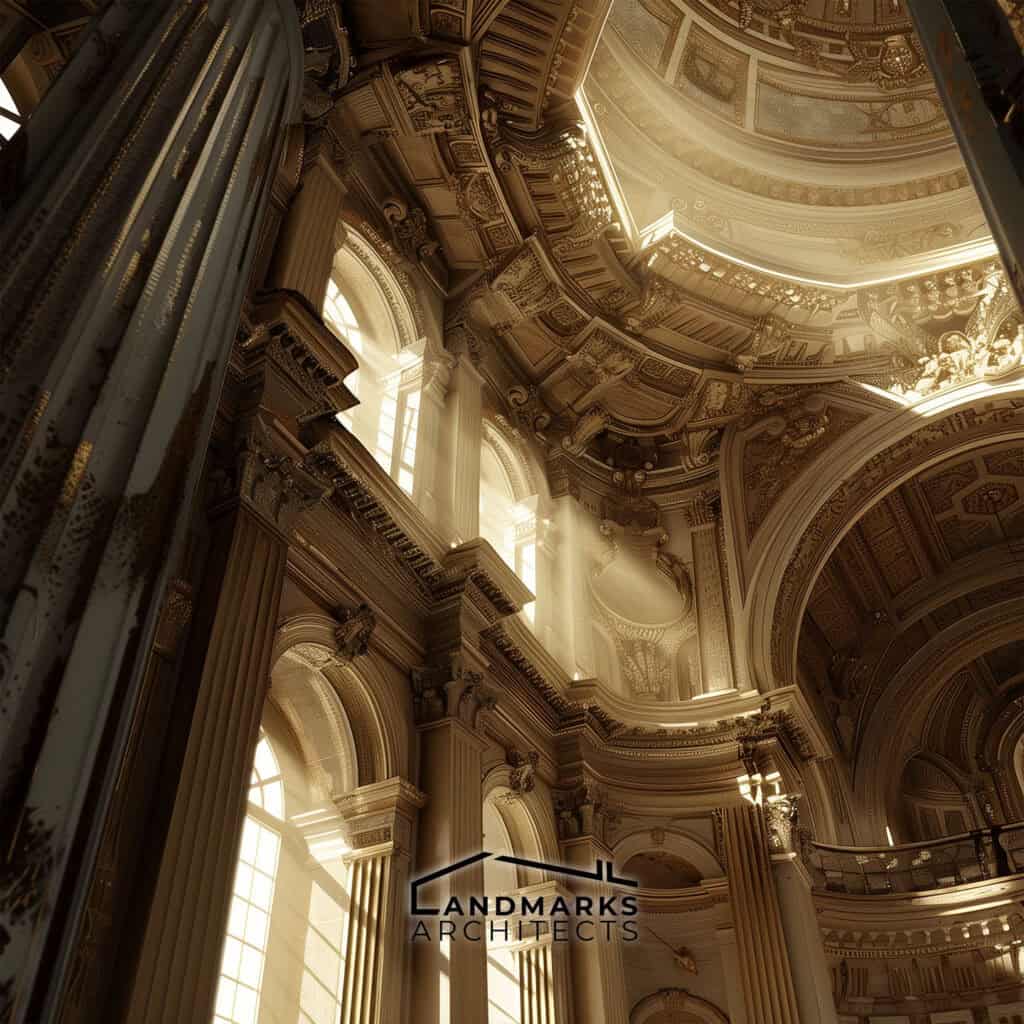 Dramatic use of light and shadow in AI-enhanced Modern Baroque architecture