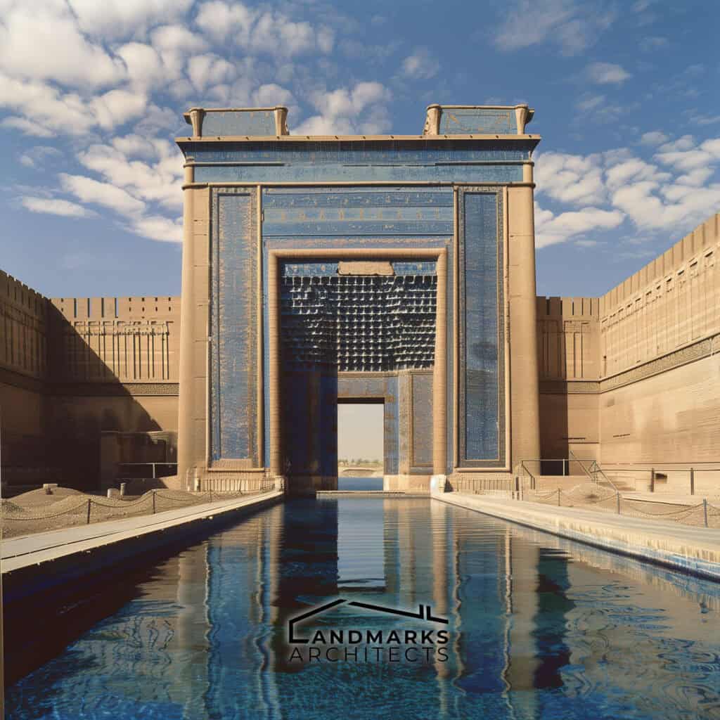 Ancient Mesopotamian palace with mud brick construction and intricate reliefs