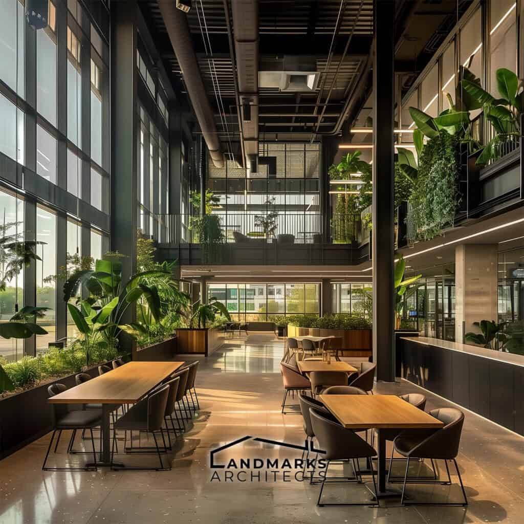 Sustainable commercial interior with expansive windows, photo AI