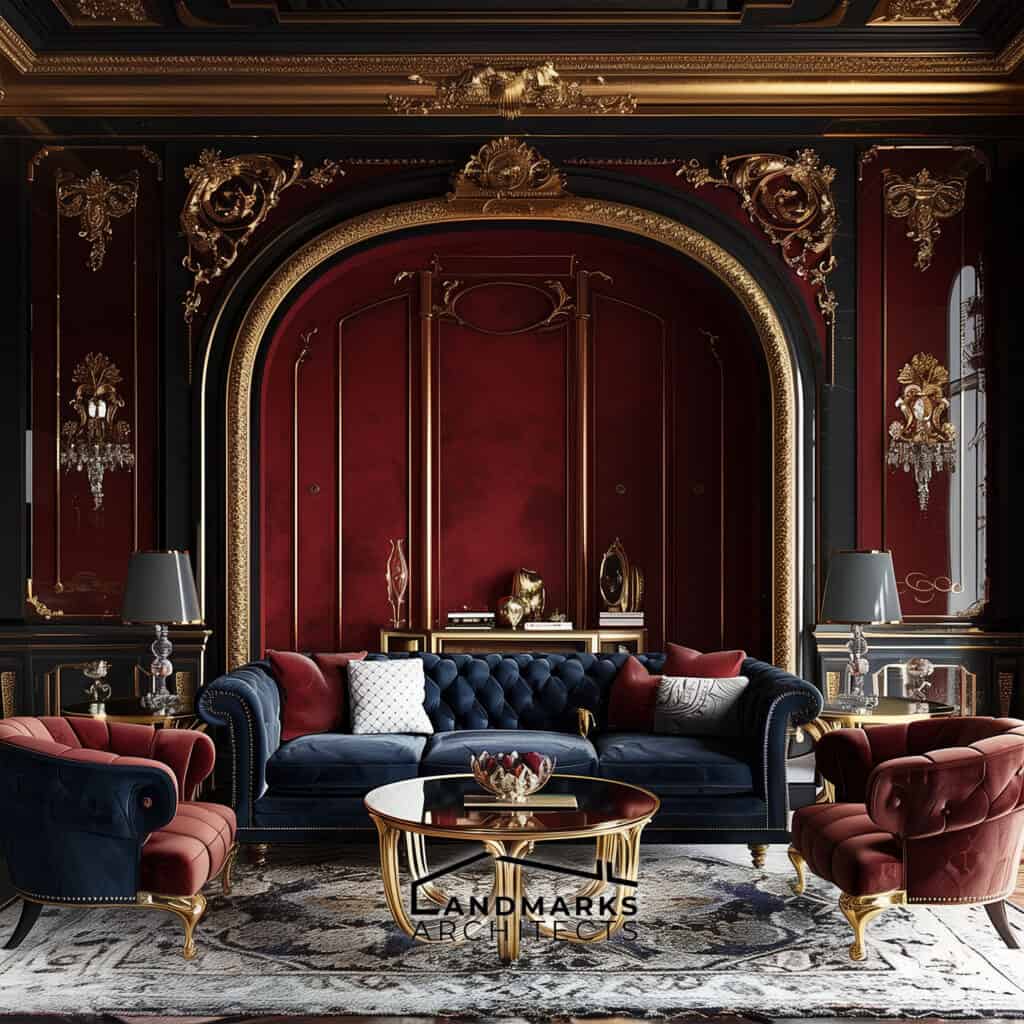 Spacious AI-enhanced modern Baroque interior with bold colors