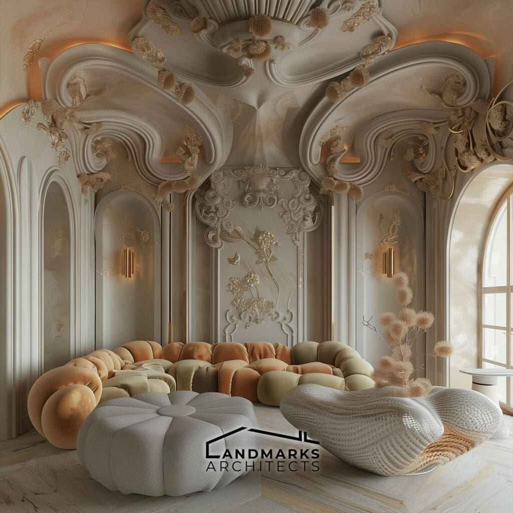 Playful AI-enhanced Rococo in modern Baroque interiors