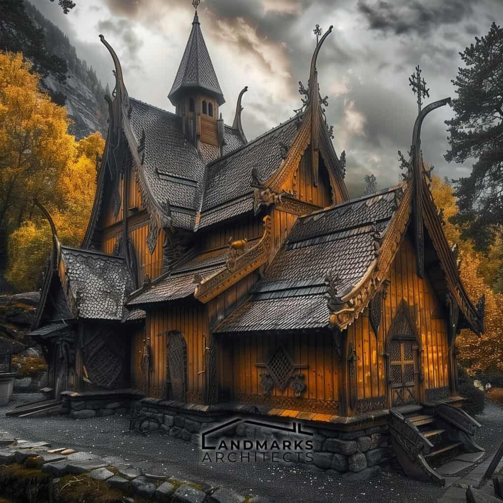 Wooden Viking stave church with carvings, photo AI