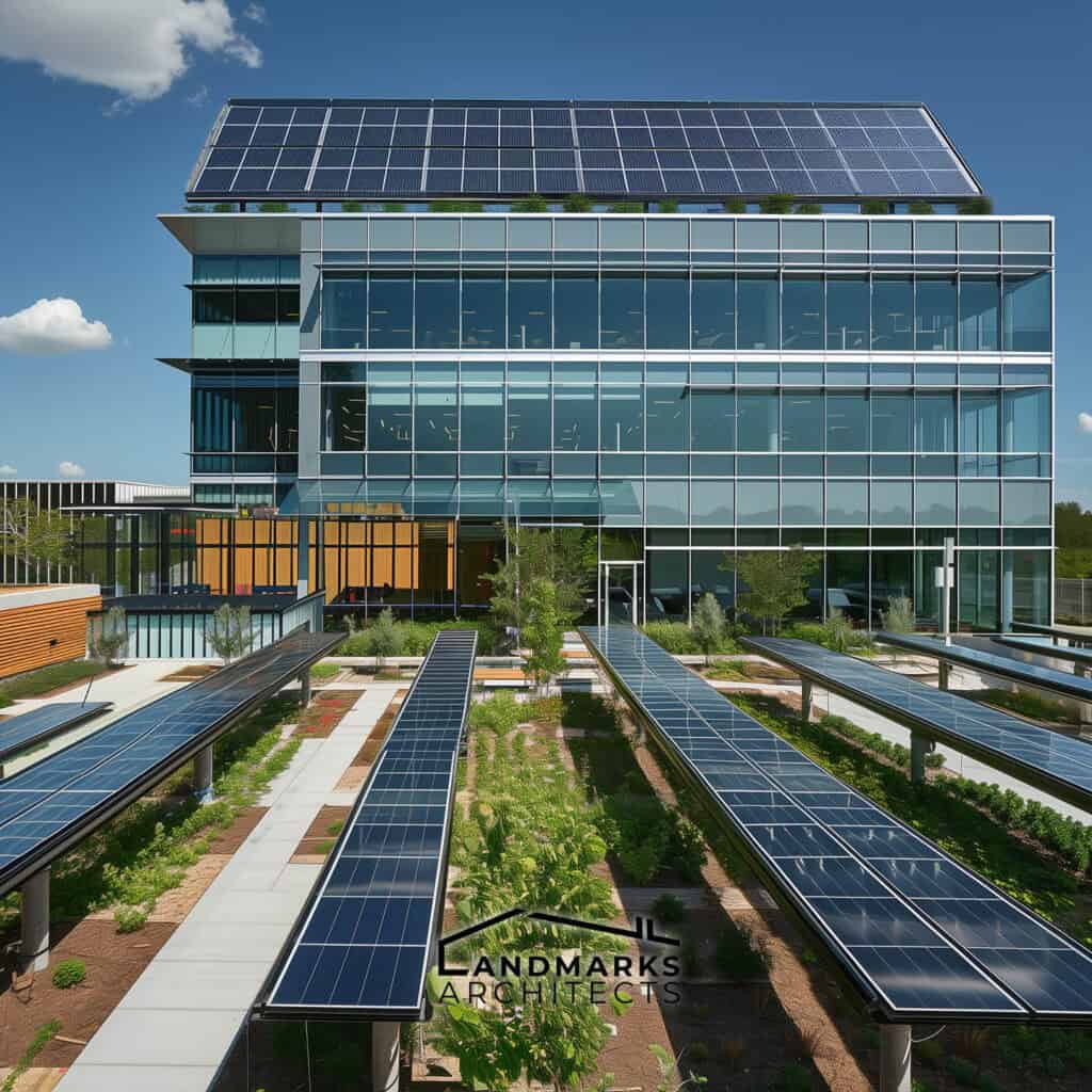 Modern office with solar panels and rooftop gardens