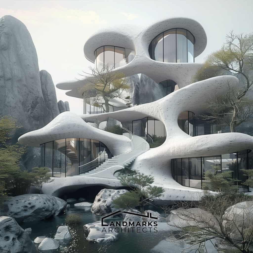 Integration of organic forms in architecture, photo AI