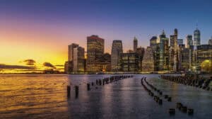 New York City skyline, showcasing iconic landmarks and skyscrapers.