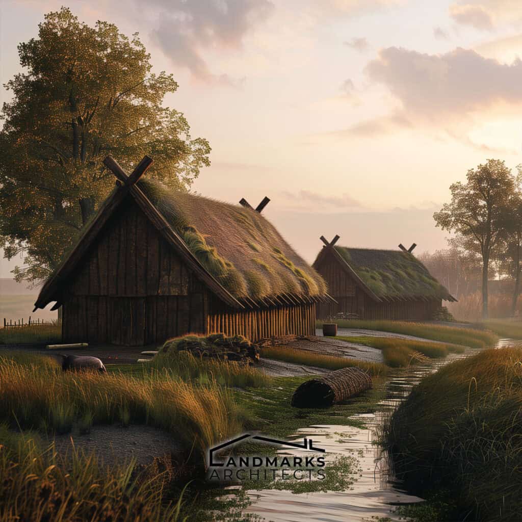 Viking architecture influenced by natural environment, photo AI