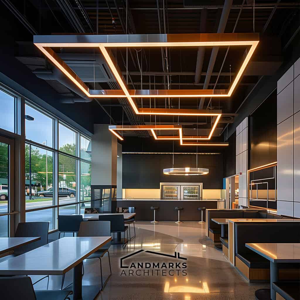 Minimalist integrated restaurant design, photo AI