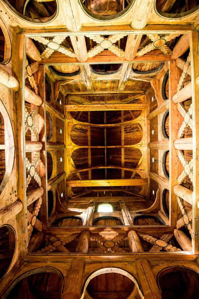 Interior of Borgund stave church, showcasing medieval woodwork