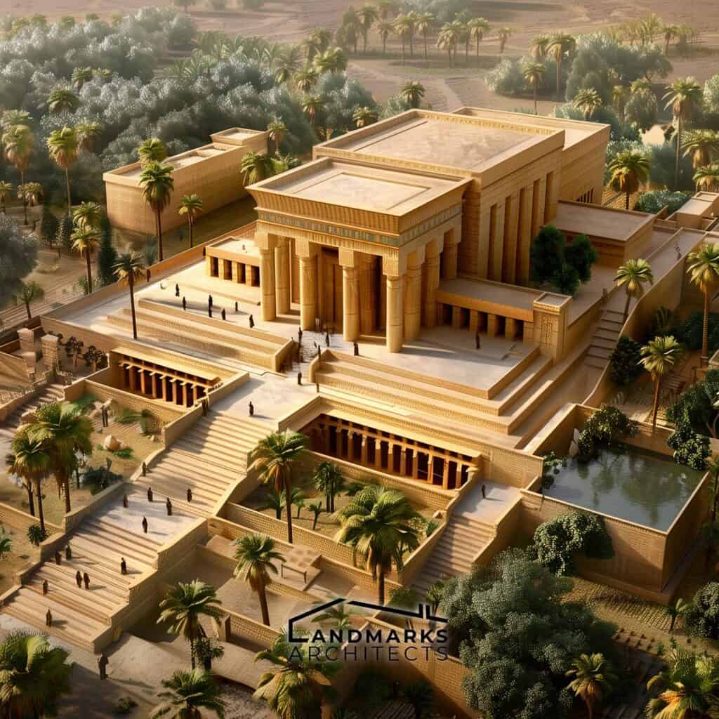 Ancient Mesopotamian temple with large courtyard.