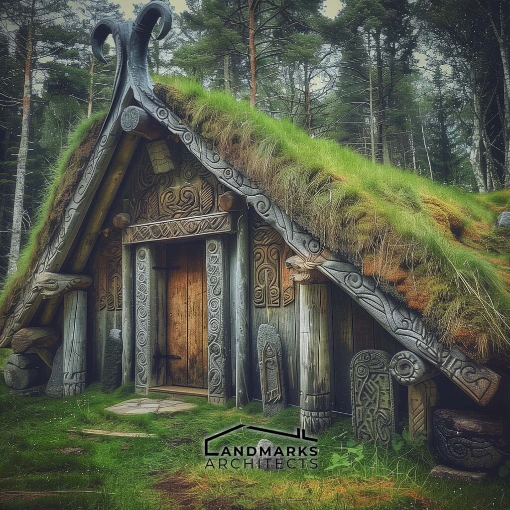 Viking architecture with carvings and turf roofing, photo AI