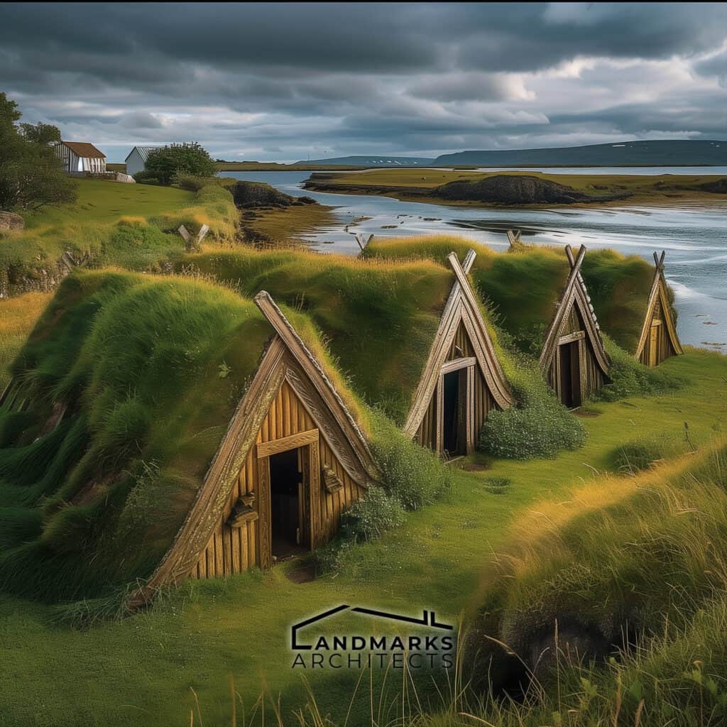 Viking longhouse with turf roof, photo AI