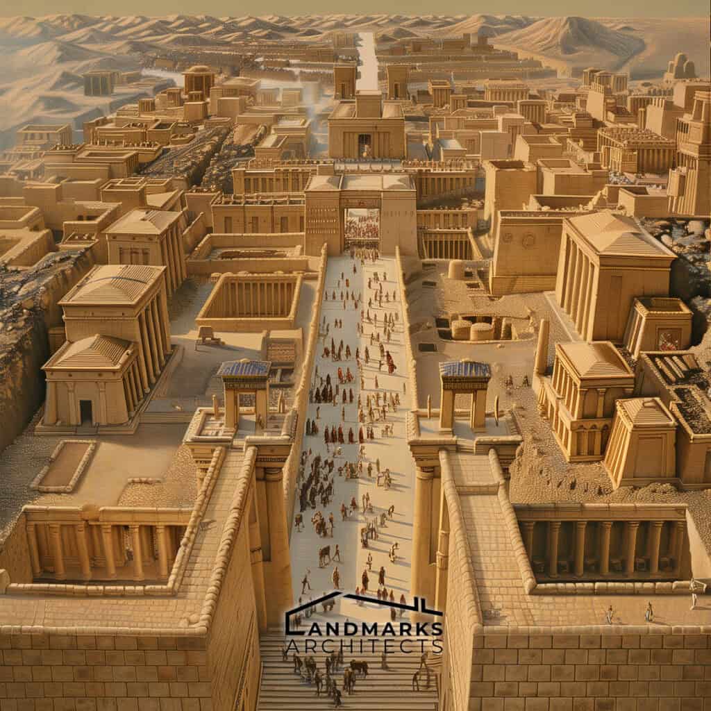 Ancient Mesopotamian city layout showcasing streets, city walls, and major buildings.