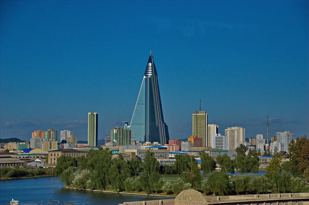 Ryugyong Hotel, an iconic skyscraper in Pyongyang, North Korea.