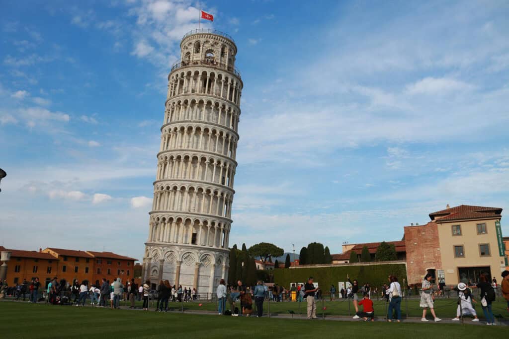 Leaning Tower of Pisa, a famous tilted bell tower in Italy.