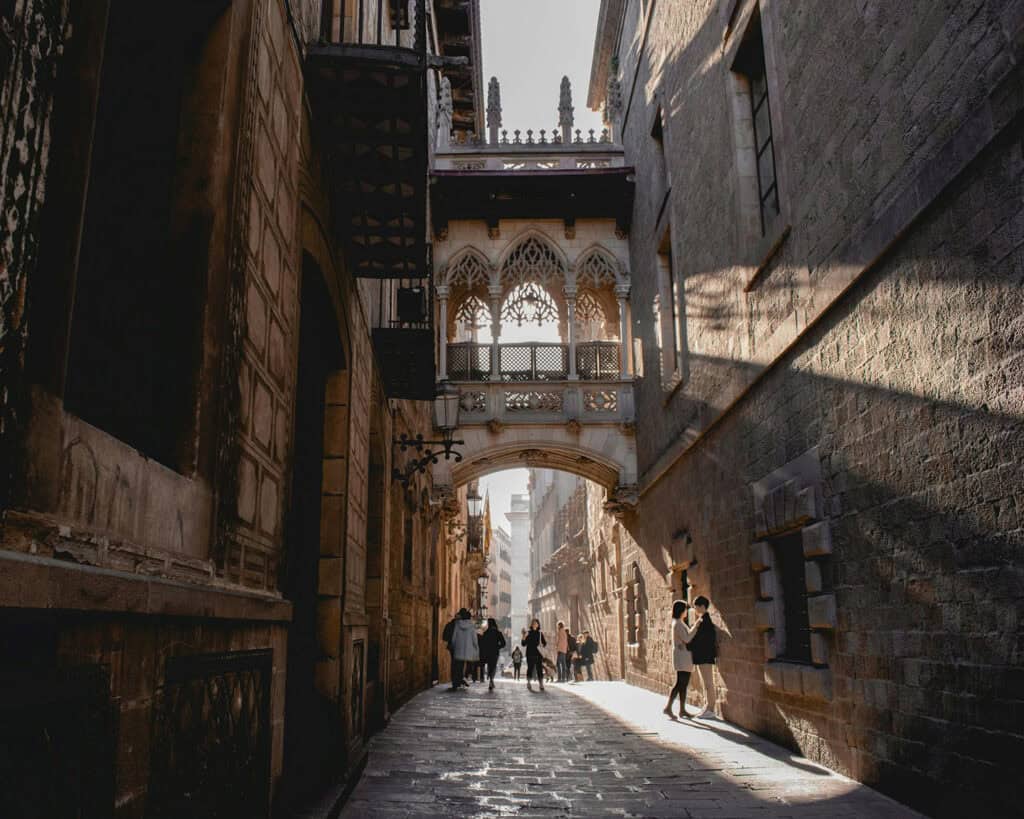 The Bishop's Bridge in the Gothic Quarter, Barcelona, Spain.