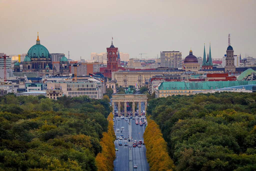 Aerial view of Brandenburg Gate, a historic landmark in Berlin, Germany.