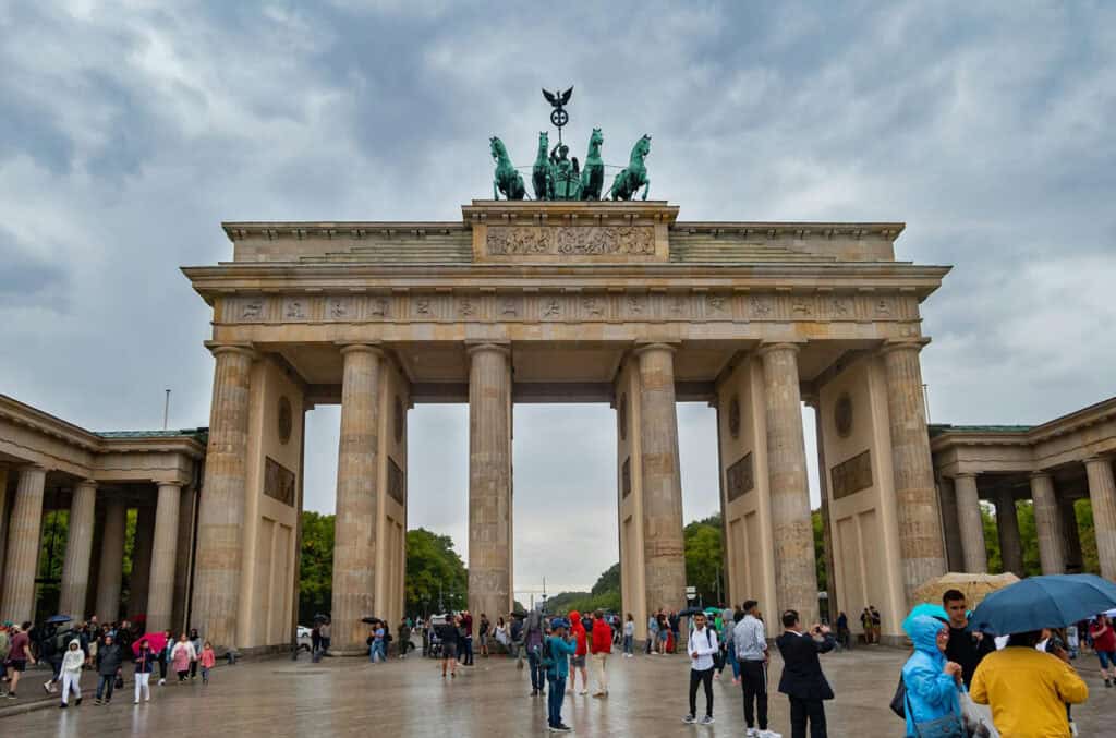 Brandenburg Gate, a historic neoclassical monument in Berlin, Germany.