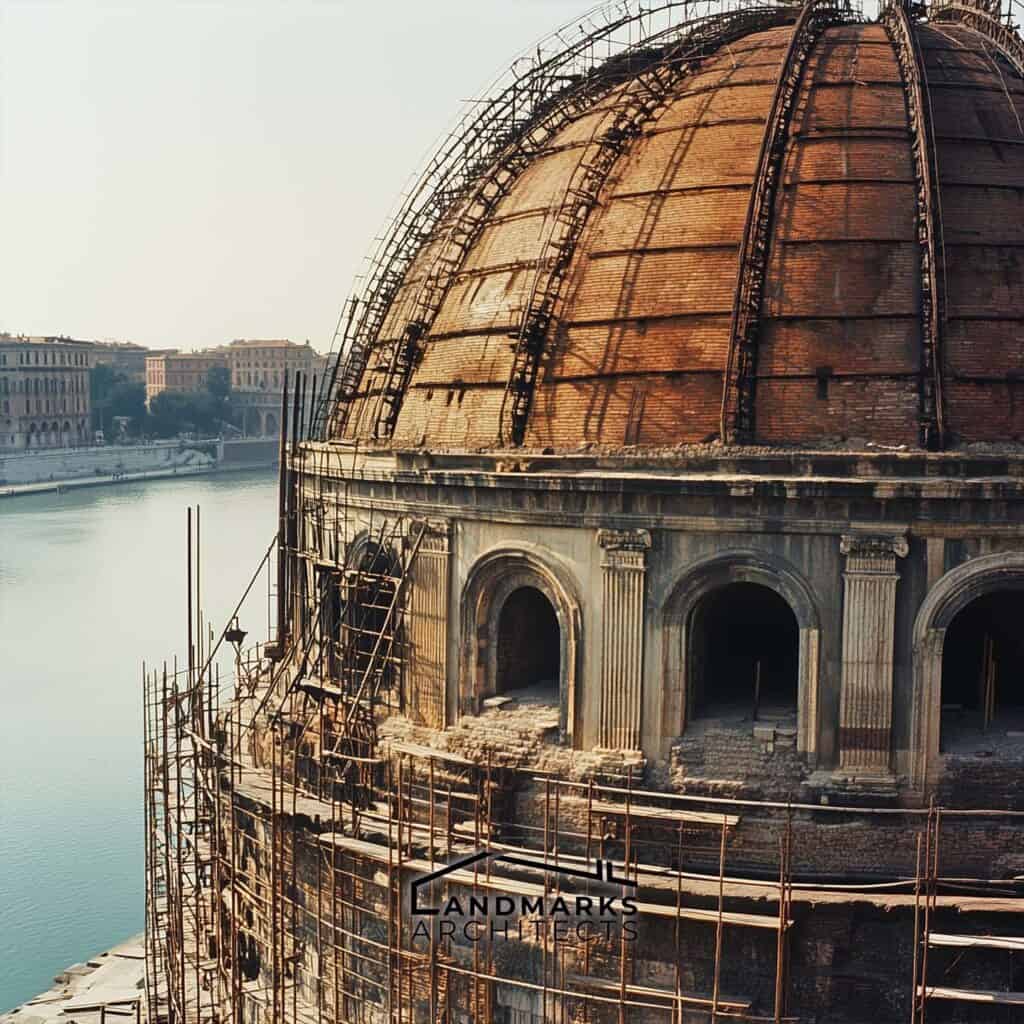 Brick lattice ribbing and timber scaffolding in ancient Roman dome construction