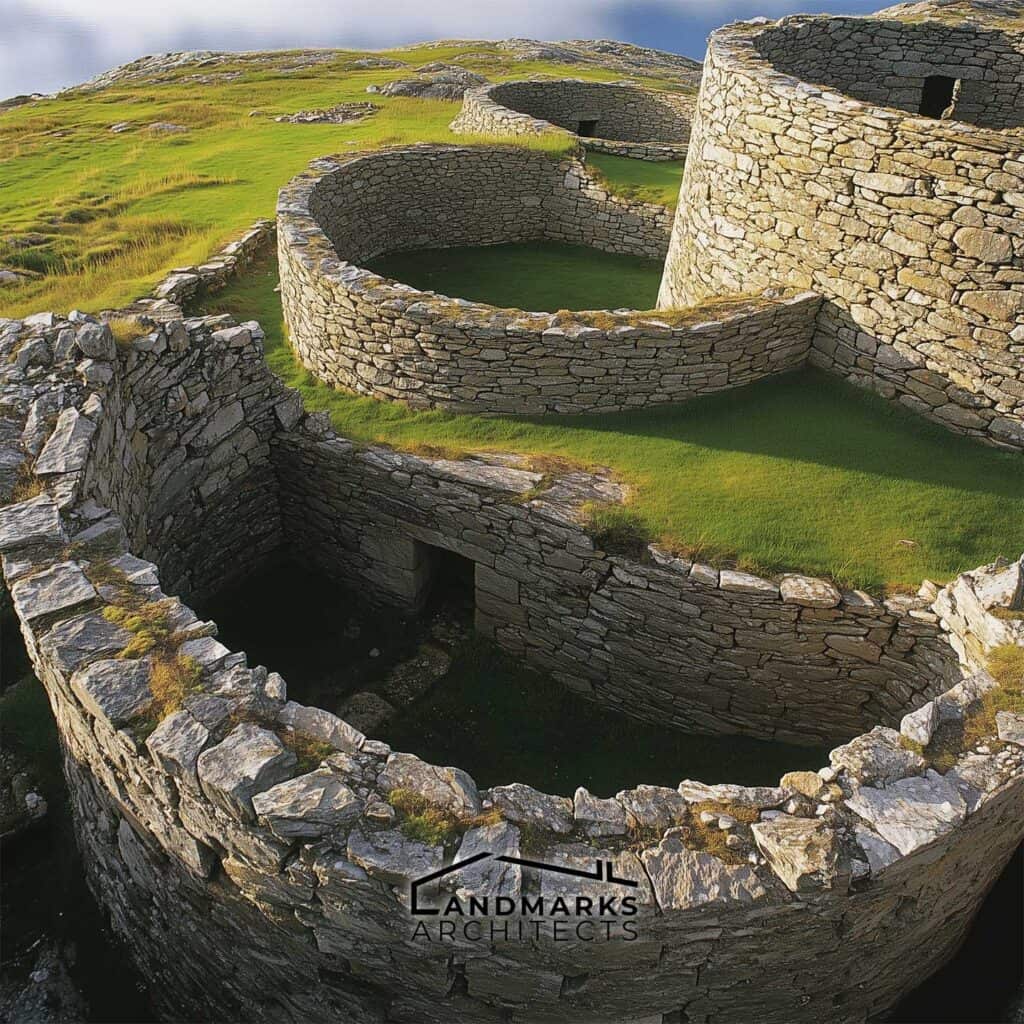 Brochs: Towers with double walls, circular layout, central courtyard, and cavity walls.