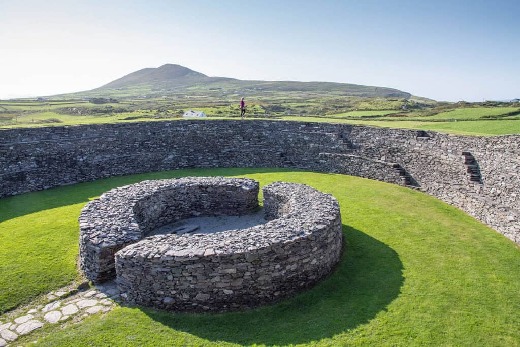 Inside Cahergall Stone Fort, showcasing ancient stone structures