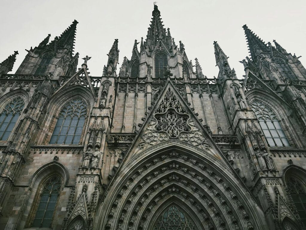 Facade of the Barcelona Cathedral, a Gothic architectural marvel in Spain