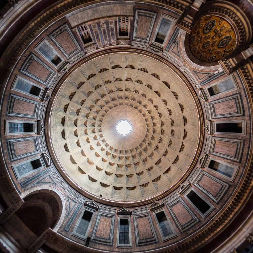 The ceiling of the Pantheon, showcasing its iconic oculus in Rome, Italy.