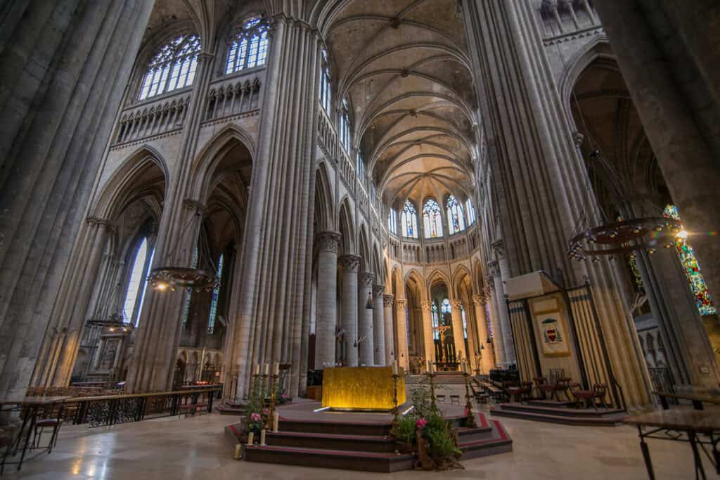 Interior of Chartres Cathedral, highlighting Gothic design.