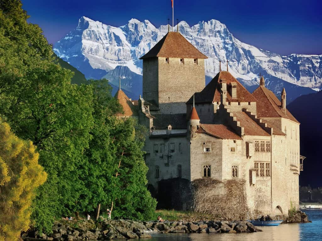 Chillon Castle, a medieval fortress on Lake Geneva in Switzerland.