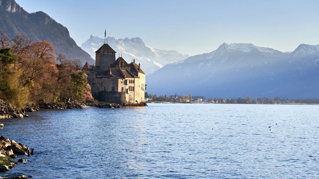 Chillon Castle, a scenic medieval castle on Lake Geneva, Switzerland.