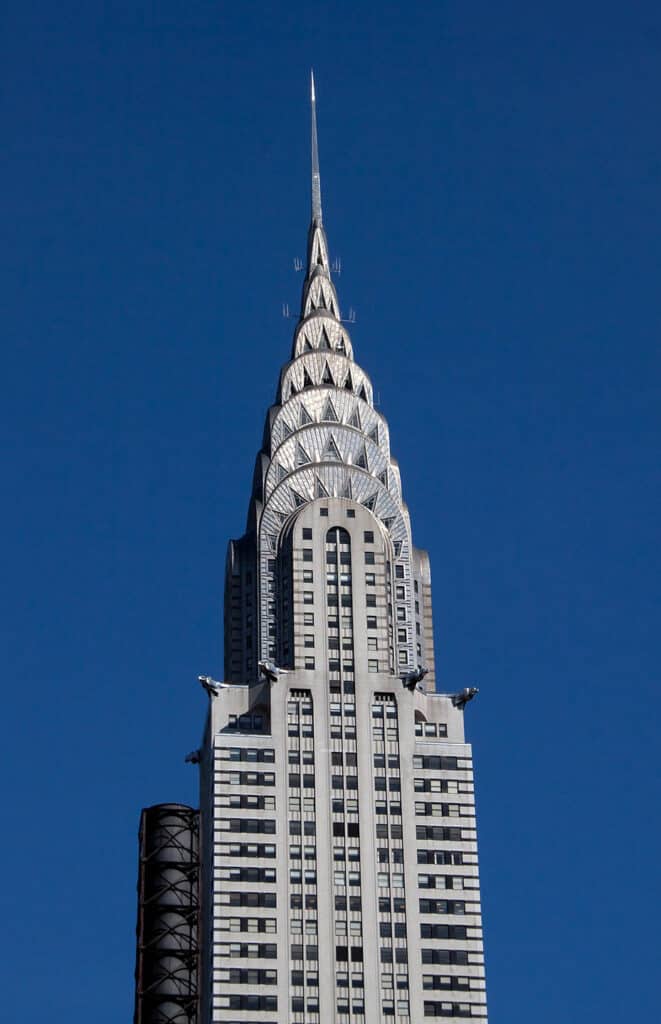 The Chrysler Building, an iconic Art Deco skyscraper with modernist influences in New York City.