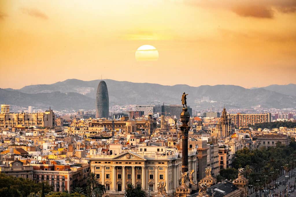 Aerial view of Barcelona showcasing its cityscape and landmarks.