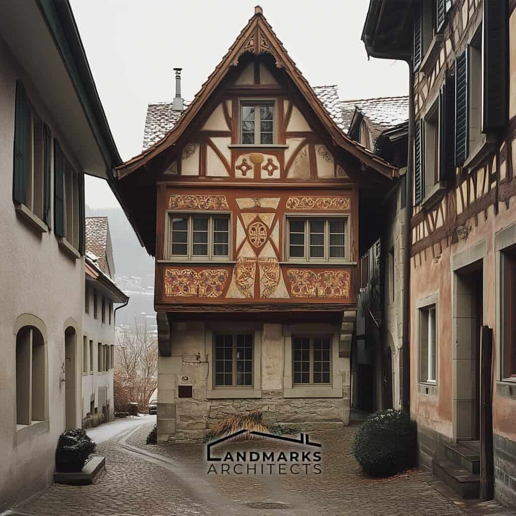 Traditional Swiss architecture uses clay for bricks in classic designs.