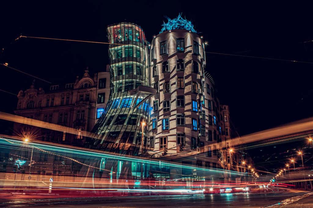 Dancing House, a modern architectural landmark in Prague, Czech Republic.