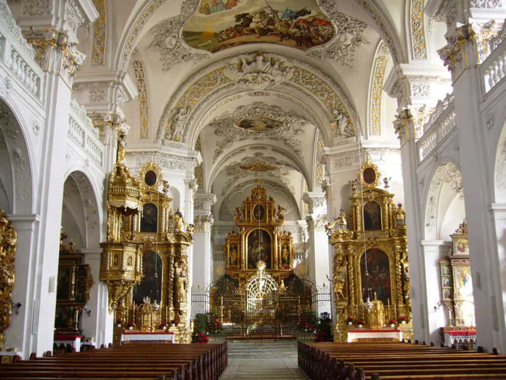 Interior of Disentis Abbey, showcasing Baroque architecture