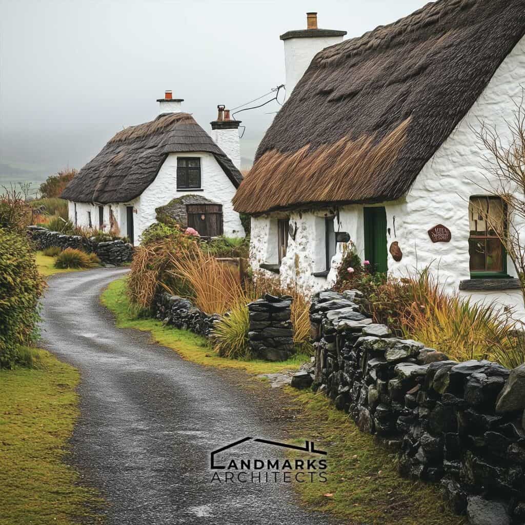 Traditional Irish thatched cottages and longhouses showcasing local materials and styles.